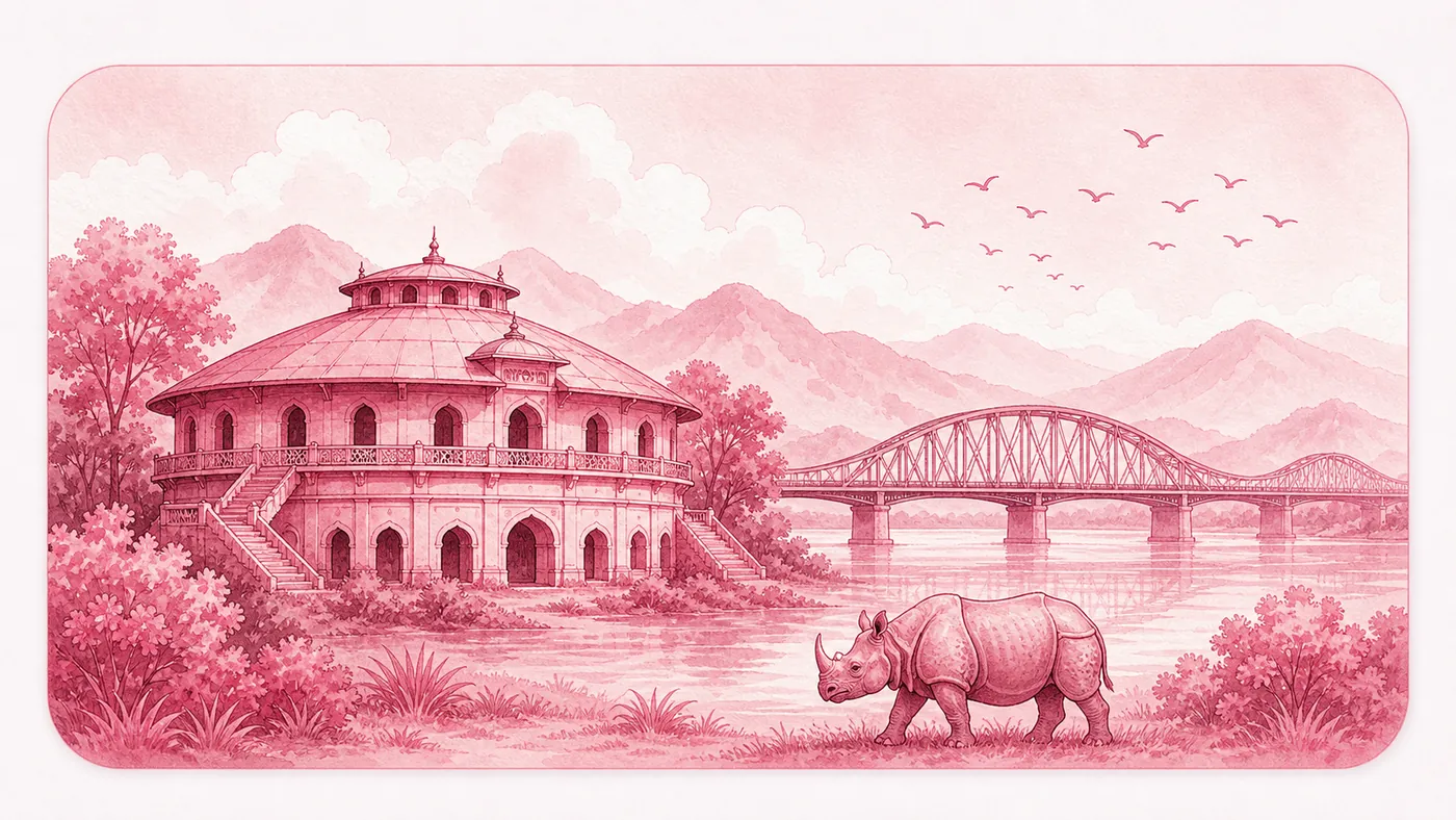 Assam skyline with Rang Ghar, Saraighat Bridge, river, hills, birds and a rhino